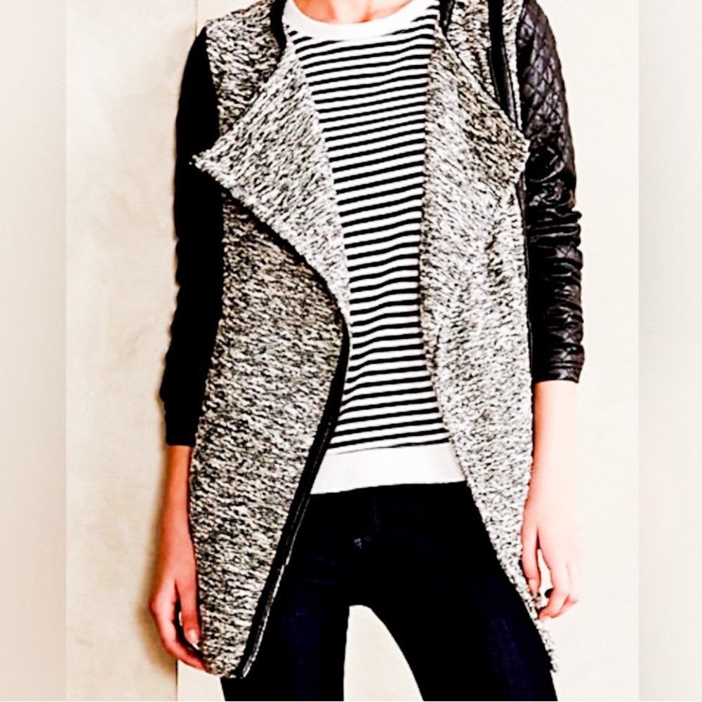 Anthropologie Black and Gray Quilted Sleeve Open Front Coatigan